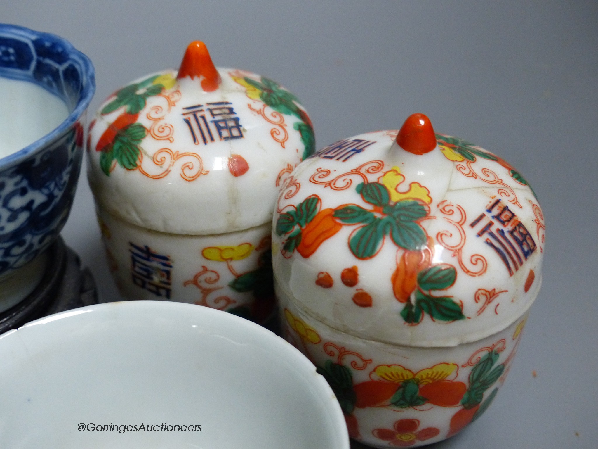 A group of Chinese porcelain tableware including teabowls and three dishes